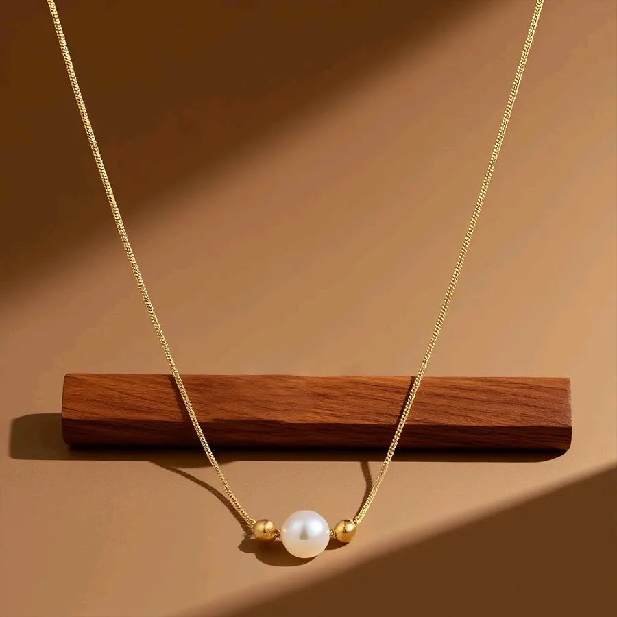 Titanium Steel Heart Pendant Necklace X0312-Two Gold Beads Pearl Necklace- Gold