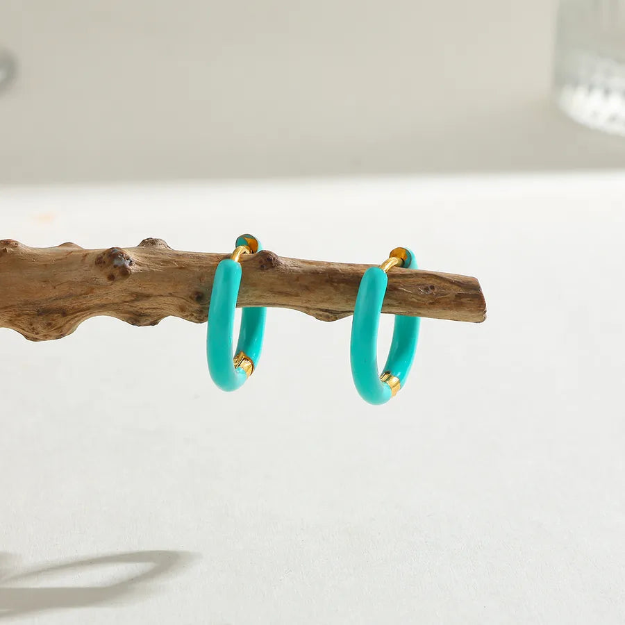 18K Gold Plated Round Stainless Steel Earrings Cyan-16.48*17.26*2.86mm