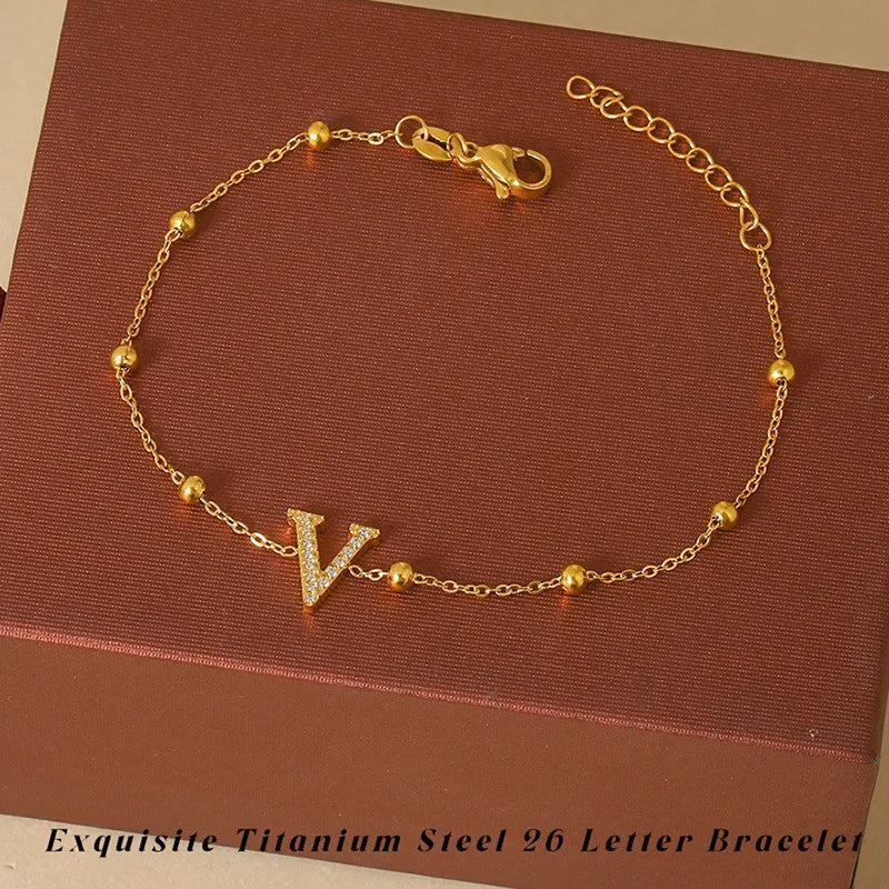 Elegant Letter Bracelet in 304 Stainless Steel Gold Letter [V] Bracelet B0021VG
