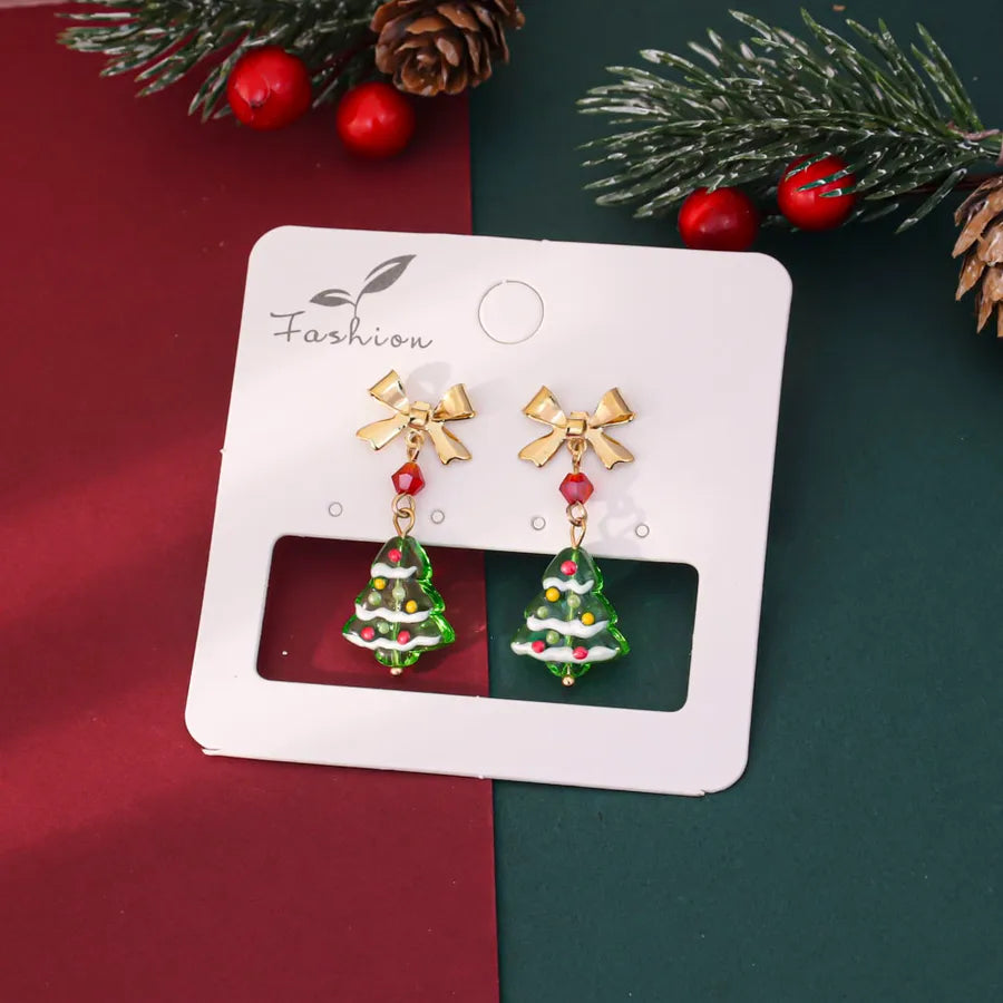 Hand-Painted Christmas Tree Earrings Green
