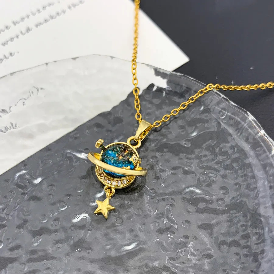 Starry Sky Planet Zircon Pendant Necklace XL1779 Star Planet Necklace Gold