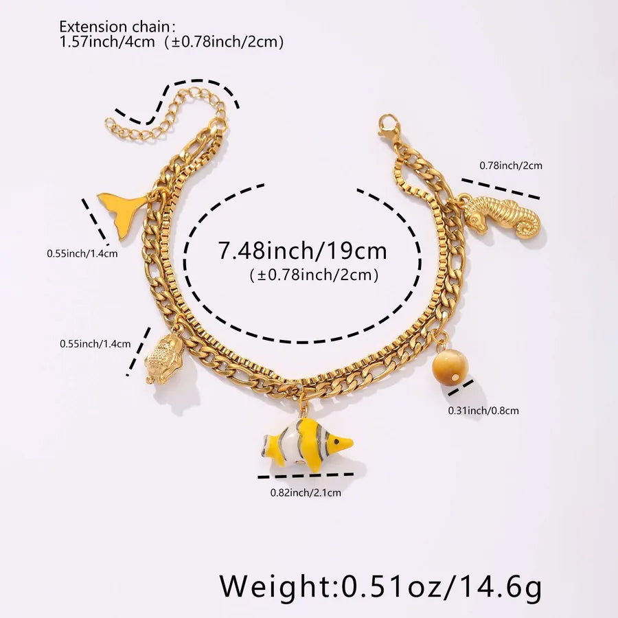 Gold Stainless Steel Bracelet with Fish & Seahorse