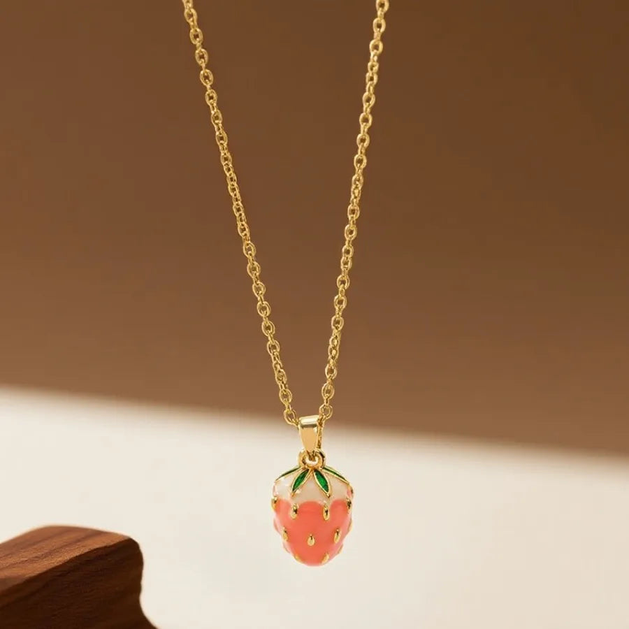 Geometric Titanium Steel Necklace for Women X08280 [Copper Pendant] Pink Strawberry - Necklace - Gold
