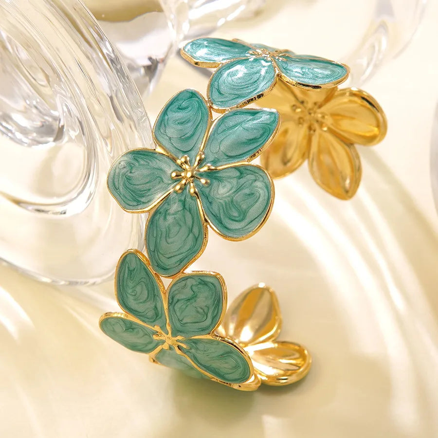 Gold Floral Enamel Stainless Steel Cuff Bracelet