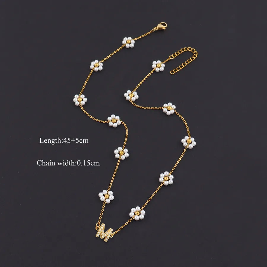 18K Gold Plated Letter Pendant Pearl Necklace Gold m