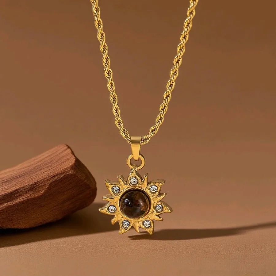 Titanium Steel Heart Pendant Necklace X0411-Sunflower Tiger Eye Stone-Necklace- Gold