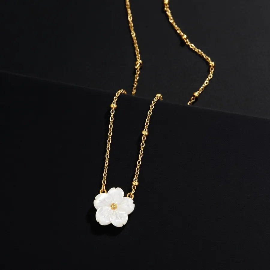 Titanium Steel Heart Pendant Necklace X0368-White Shell Flower Necklace - Gold
