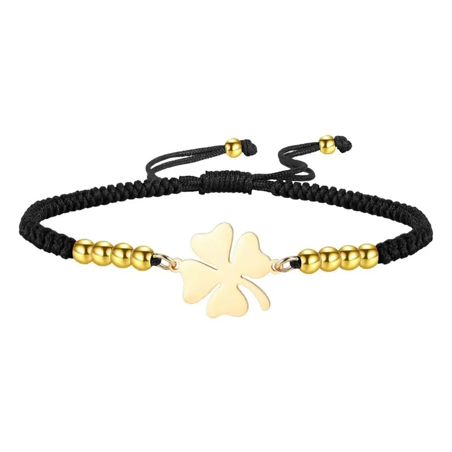 Double Layer Four Leaf Clover Bracelet Gold - Black Braided Rope