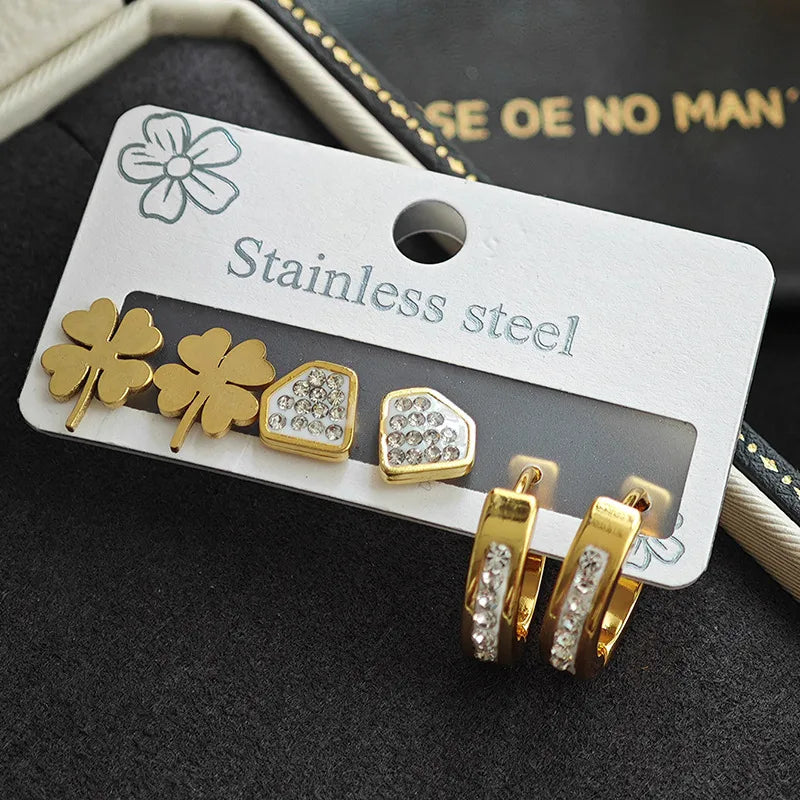 Women's Titanium Star Flower Hoop Earrings Glossy Four-leaf Clover Earrings Set