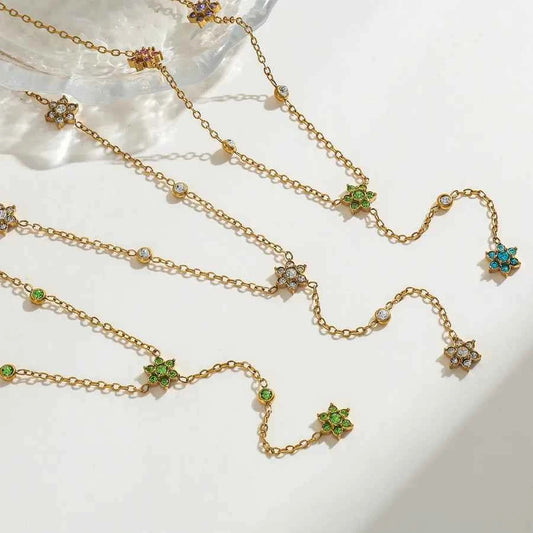 18K Gold Plated Flower Zircon Stainless Steel Necklace