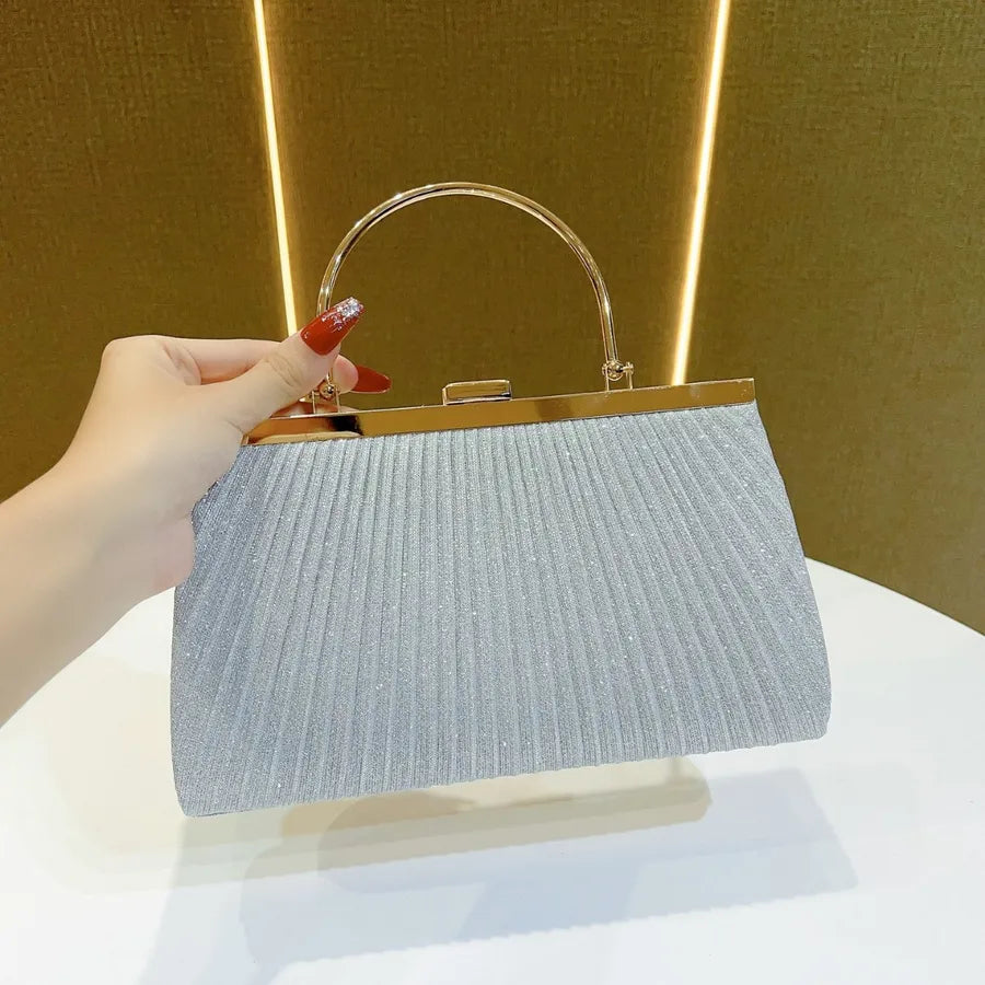 Shiny Ruched PU Crossbody Handbag for Women Square Wrinkle Silver (Handheld)