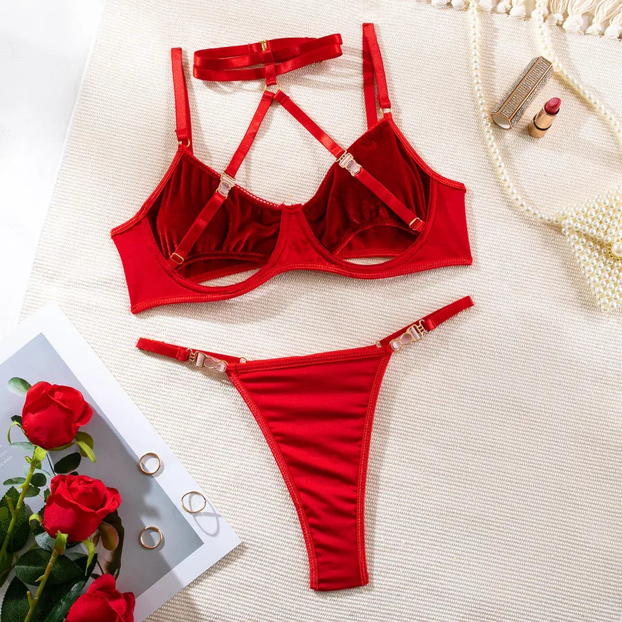 Women's Solid Color Sexy Lingerie Set Red