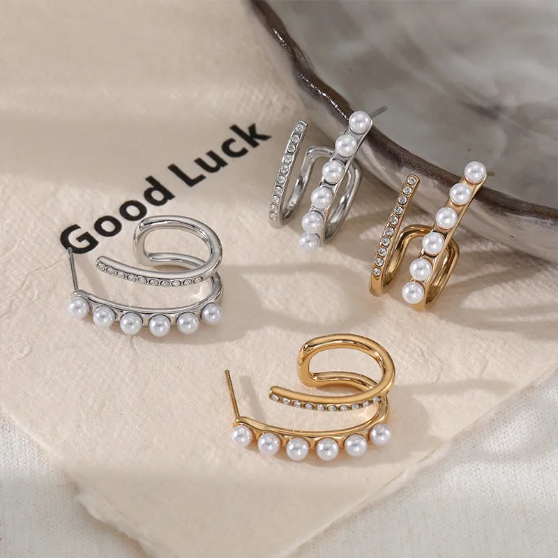 French Retro Pearl Zircon C-Shaped Earrings