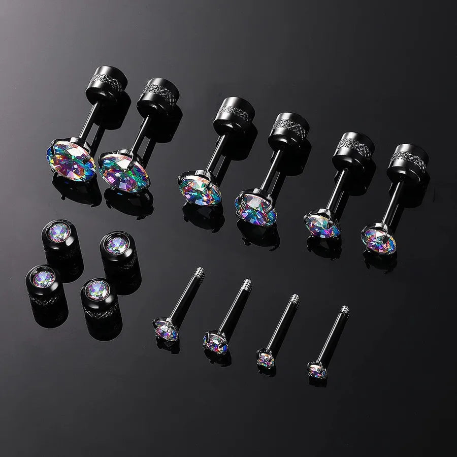 Geometric Stainless Steel Ear Studs Colorful Stone Black Gold Earrings 5 Pairs Set 3mm-7mm