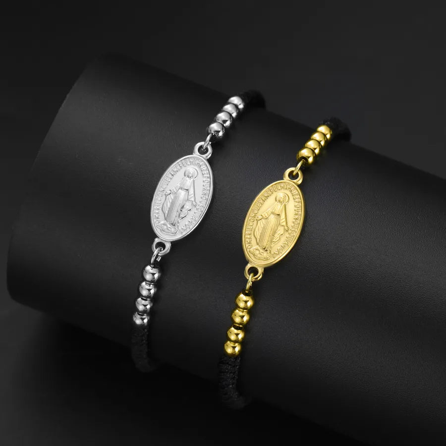 Stainless Steel Virgin Mary Bracelet – Black & Red Rope