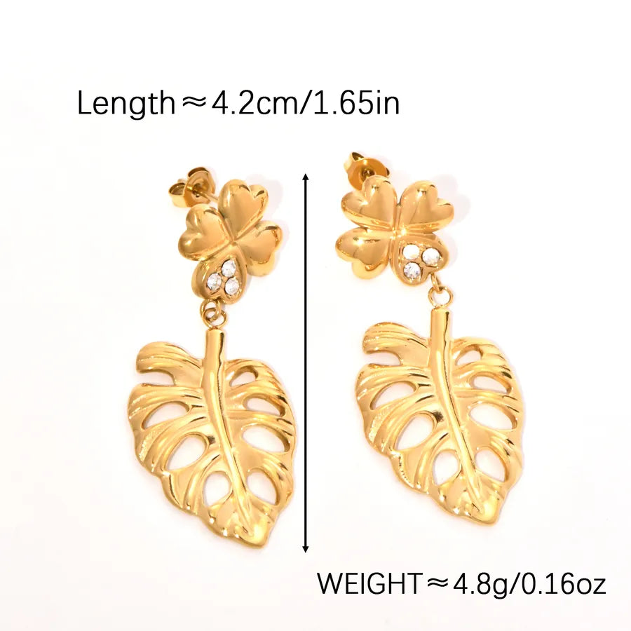 18K Gold Retro Leaf & Pearl Drop Earrings