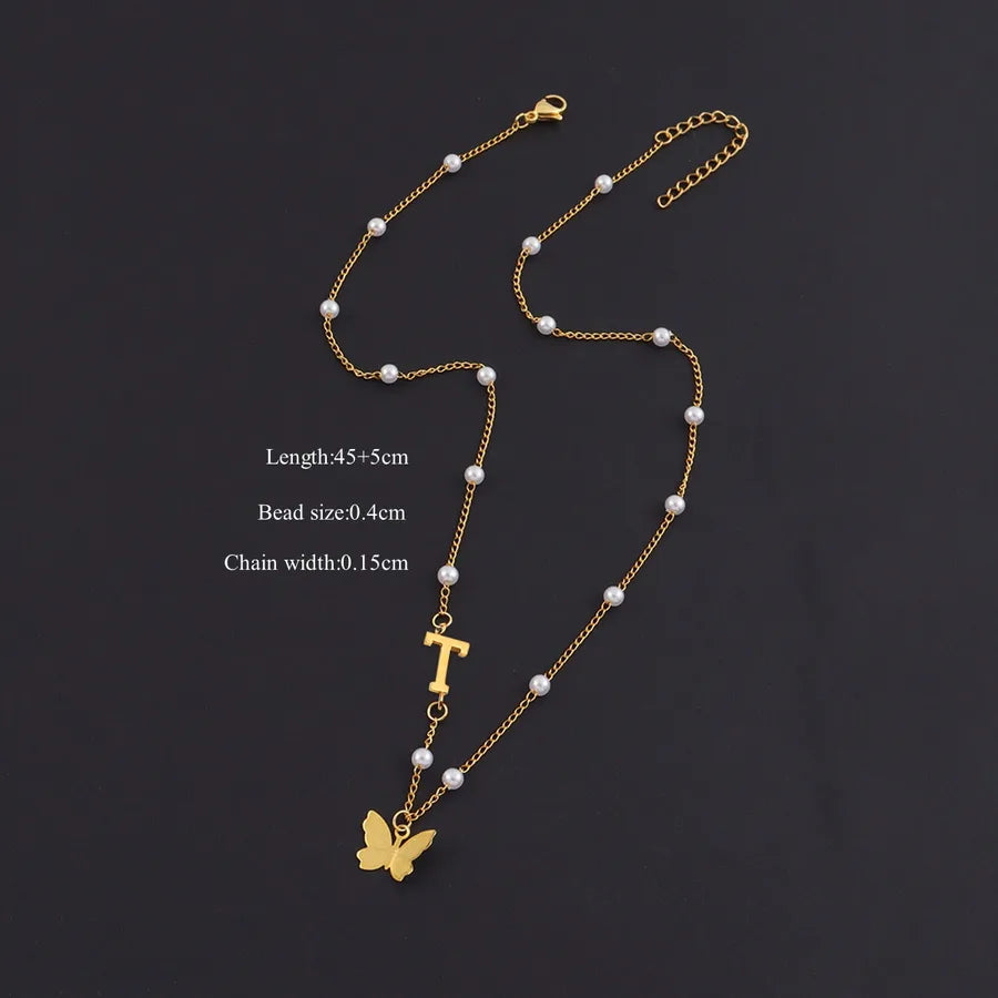 Gold Butterfly Letter Pendant Necklace Gold t