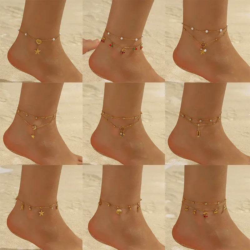 Double Layered Cherry Star Moon Anklet