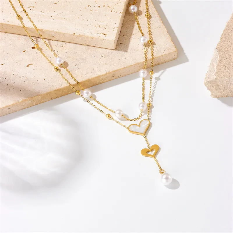 Double Layer Titanium Steel Heart Necklace X01224-Pearl White Shell Heart Necklace - Gold