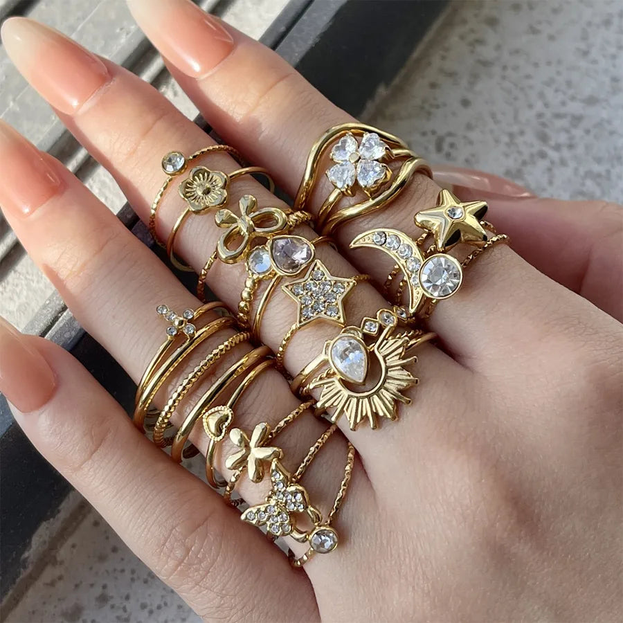 Star Flower Bow Knot Open Ring – 18K Gold Plated