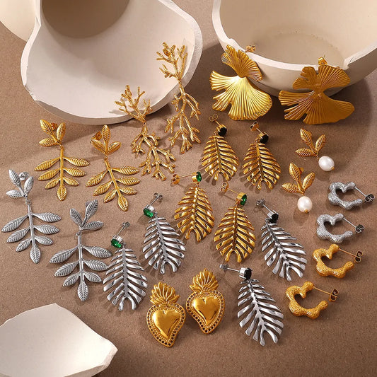 Gold Ginkgo Leaf Stud Earrings for Women