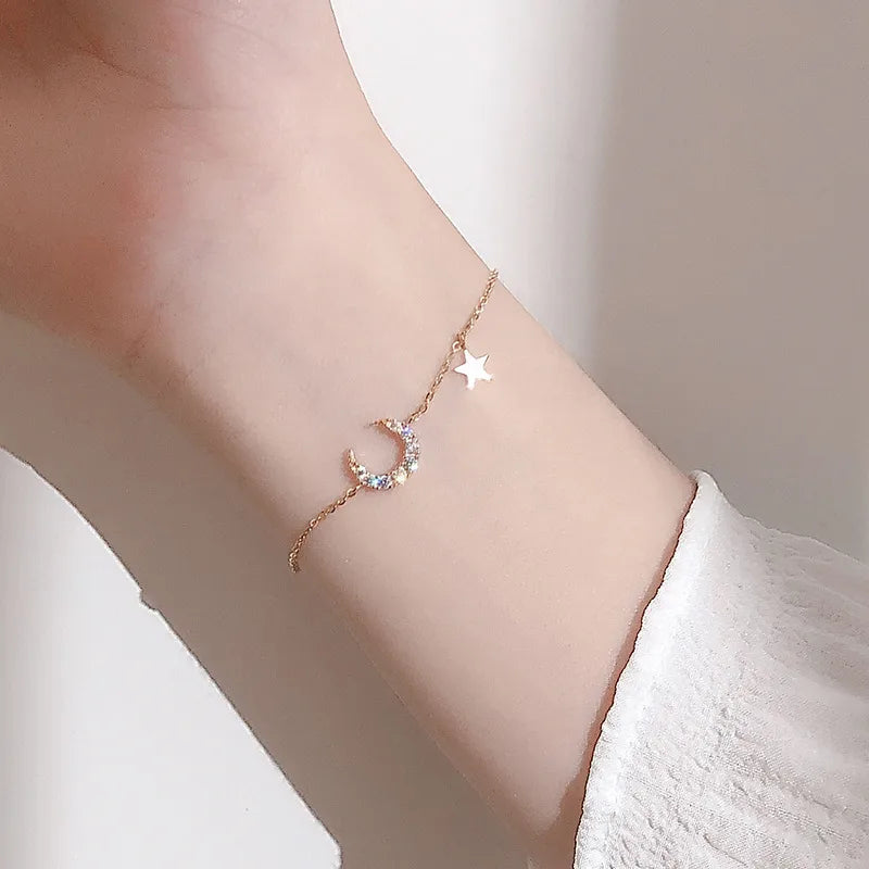 14K Gold Plated Moon & Star Bracelet 15cm +3cm Extension Chain