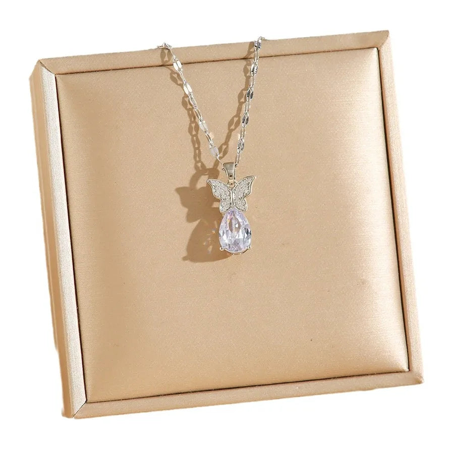 Butterfly Zirconia Waterdrop Pendant Necklace