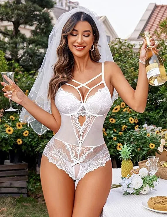 Women's Sexy Mesh Lingerie Bodysuit S White