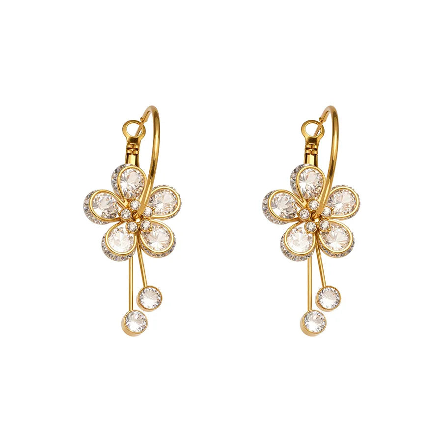 Elegant Zircon Flower Tassel Earrings in 18K Gold