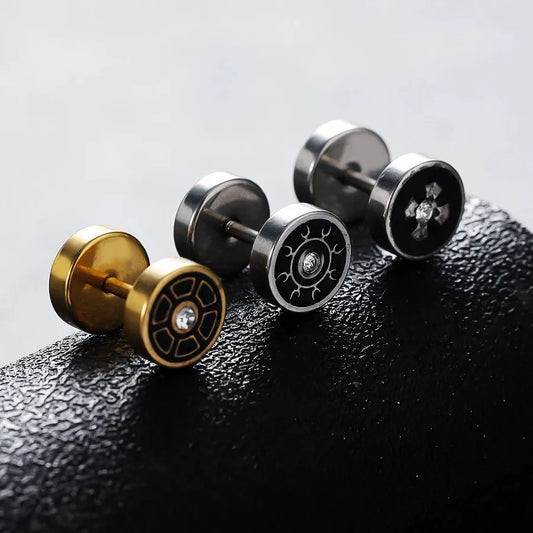 Retro Round Disc Titanium Stud Earrings