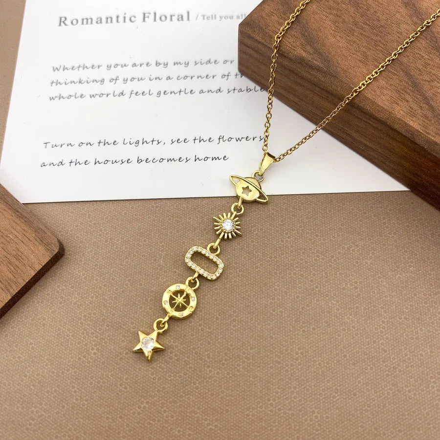Gold Plated Sun Moon Star Pendant Necklace XL5123 Planet Compass Tassel Necklace Gold