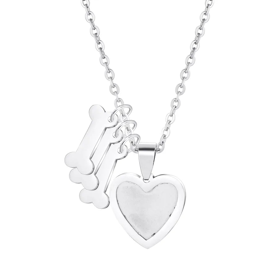 Gold Plated Heart & Bone Pet Name Necklace Dog Bone Heart Photo Steel Color 3