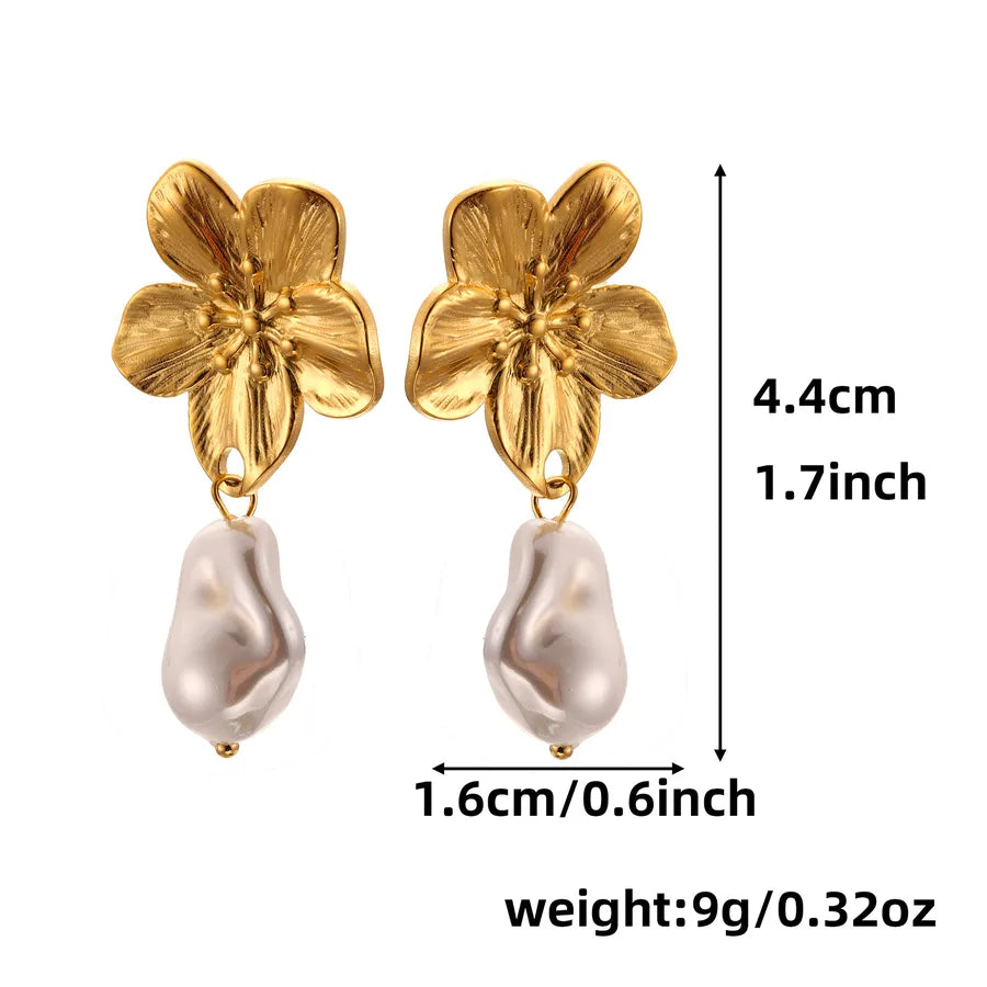Women's Boho Stainless Steel Clover Earrings Five Petal Flower Pearl 18k