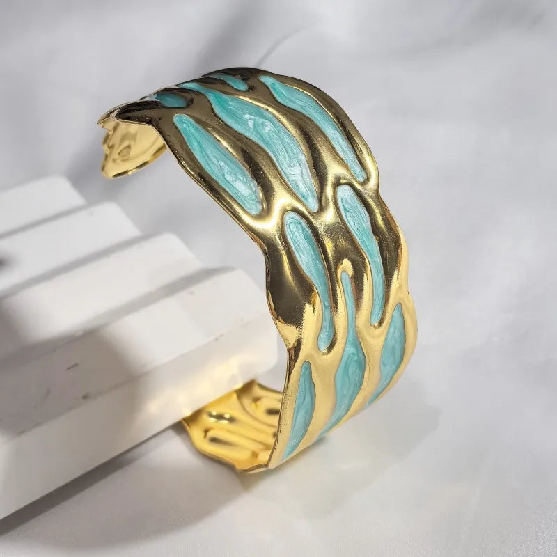Gold Wave Stainless Steel Bangle Green