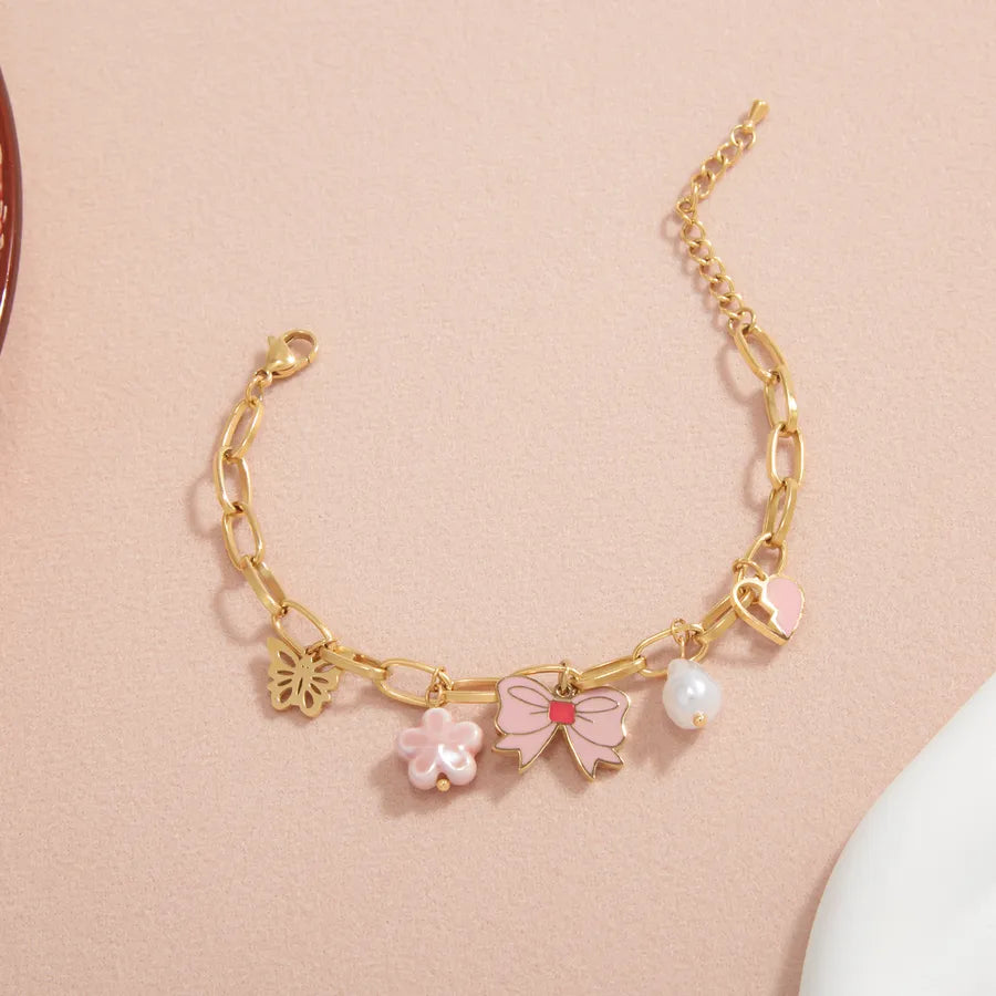 18K Gold Plated Pink Bow & Pearl Charm Bracelet