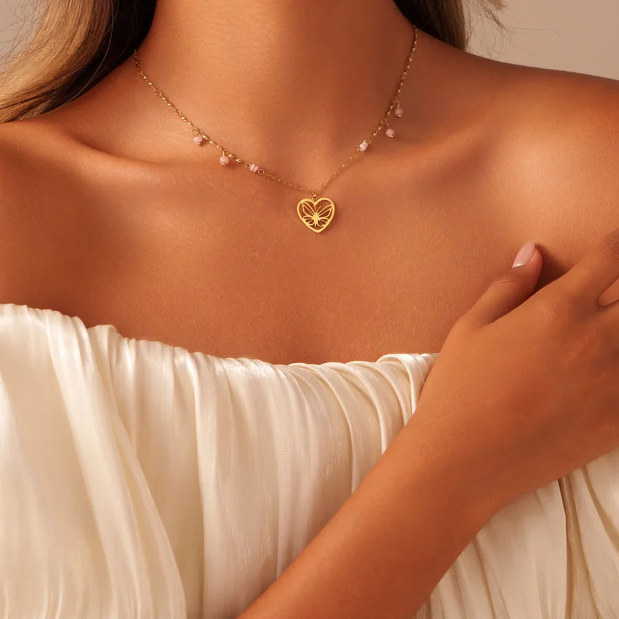 18K Gold Heart & Butterfly Stainless Steel Necklace