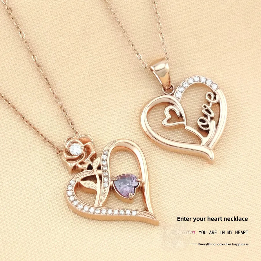 Titanium Steel Heart Necklace with Rose Detail