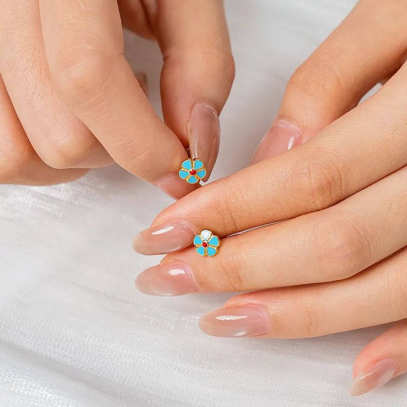 Blue Flower Stud Earrings – Gold Plated Stainless Steel