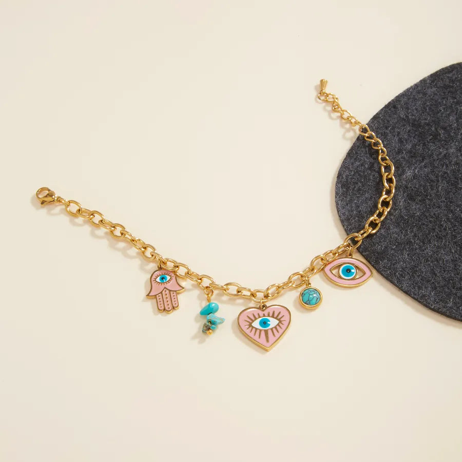 Gold Pink Devil's Eye Heart Bracelet