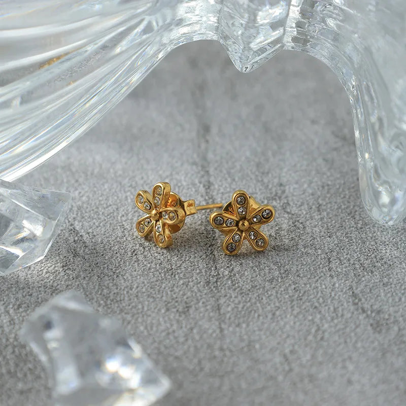 18K Gold Plated Zircon Flower Stud Earrings