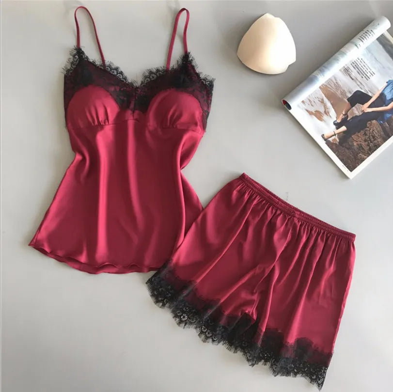Women's Sexy Ice Silk Lace Pajama Set Red