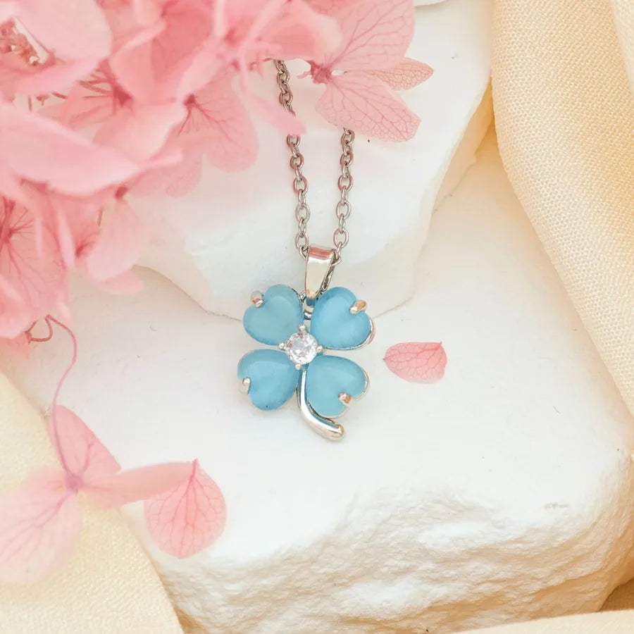 Titanium Steel Heart Clover Necklace XL293 Blue Cat's Eye Four-Leaf Clover Necklace Silver