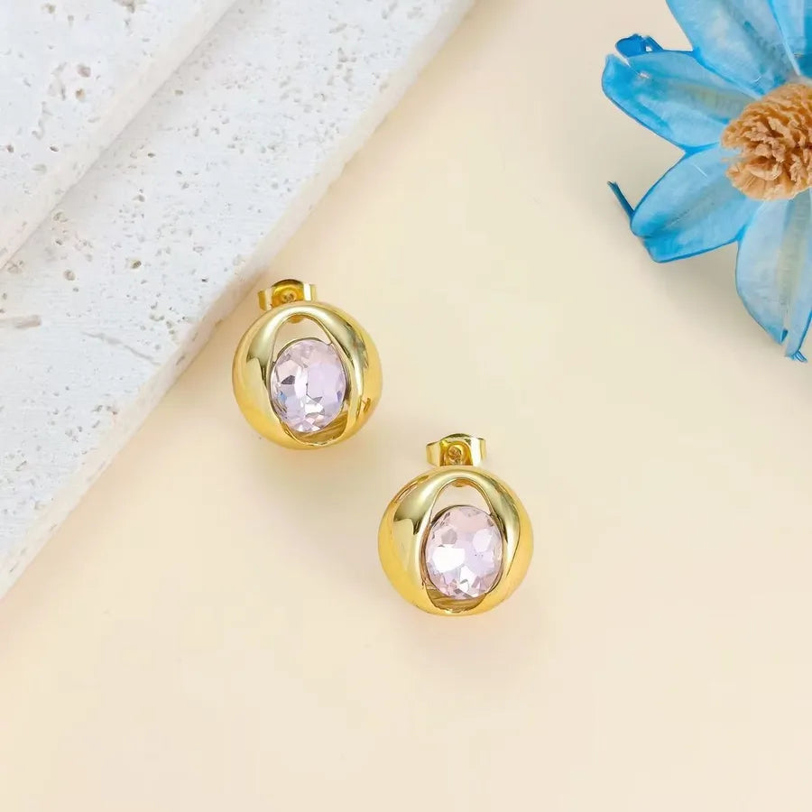 Colorful Rhinestone O-Shaped Stainless Steel Earrings 17 X17mm (Needle Thickness: 0.8) Pink 1 Pair Package