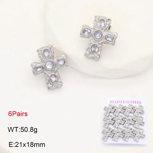 Gold Cross Zircon Earrings – Titanium Steel 21*18mm White Diamond Silver 6 Pairs Card