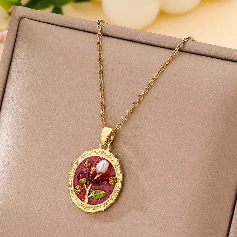 Boho Floral Pendant Necklace – Titanium Steel B004- Gold