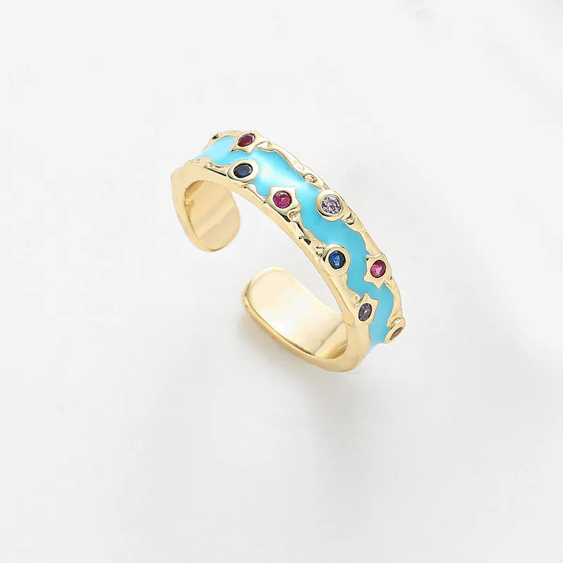 Colorful Enamel Open Ring for Women Multicolor Oil Drop Inlaid Diamond Ring Sky Blue Sold Individually