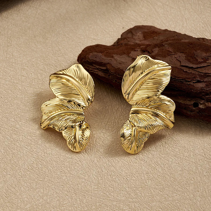 18K Gold Leaf & Sun Petal Stud Earrings Needle Thickness: 0.8mm D（43x25mm） 1 Pair Package