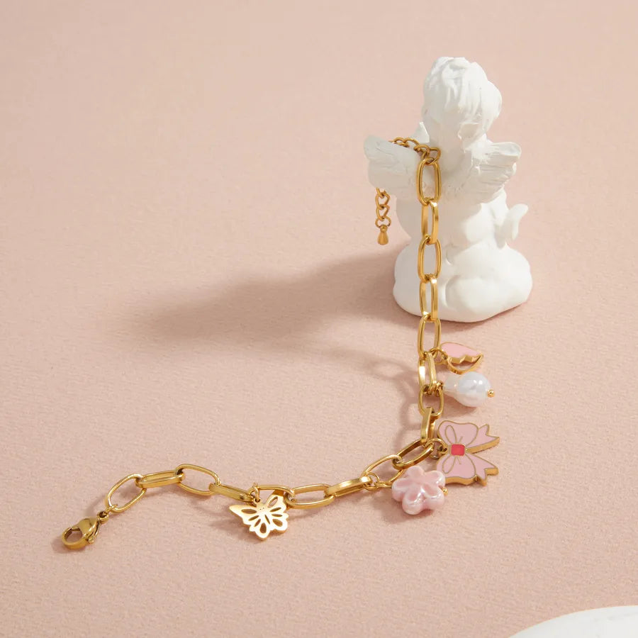 18K Gold Plated Pink Bow & Pearl Charm Bracelet