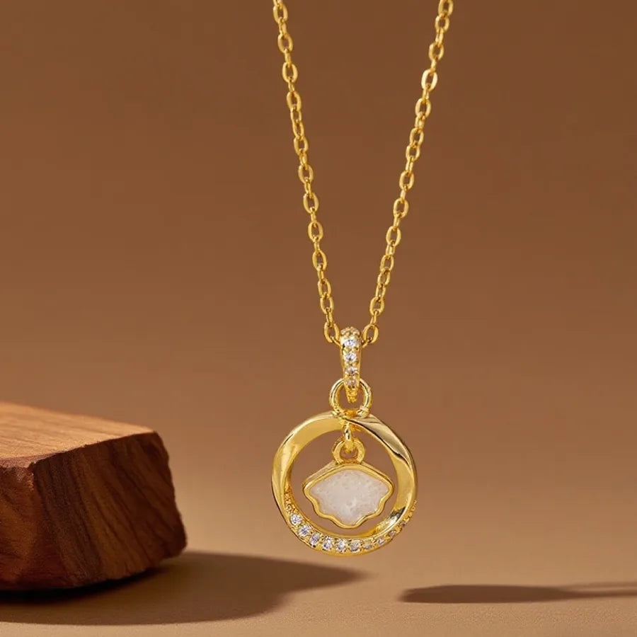 Geometric Titanium Steel Necklace for Women X08198 Copper Pendant with Diamond Encrusted Shell Necklace - Gold