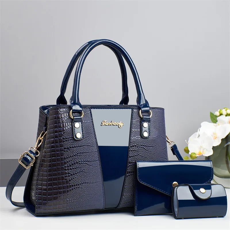 3-Piece Crocodile Pattern PU Shoulder Bag Set Blue 30*11*22cm
